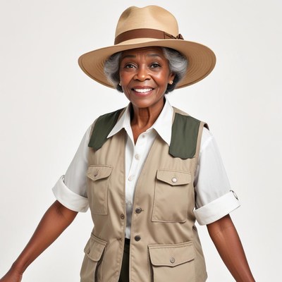 Smiling woman in safari outfit with hat in studio setting