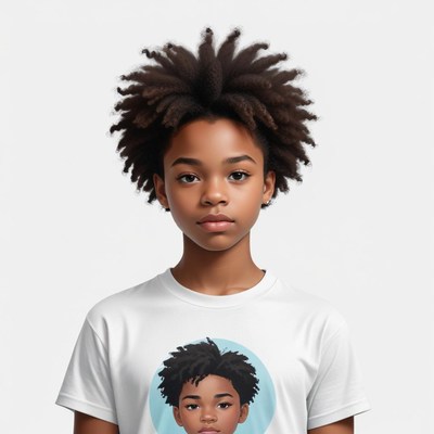 Young child with natural hair wearing a graphic t-shirt