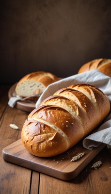 Freshly baked bread on a wooden table with linen cloth