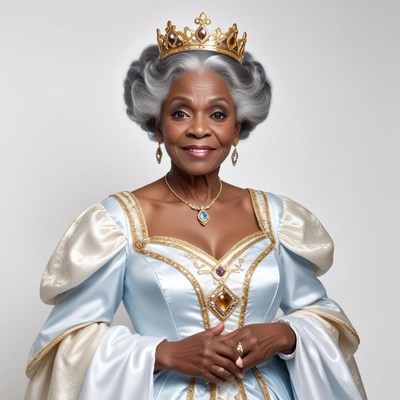 Elegant queen in blue gown with crown and jewels