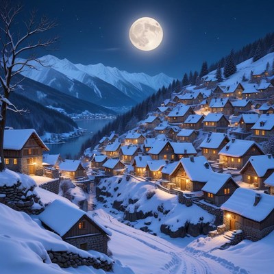 Mountain village under a full moon in winter night