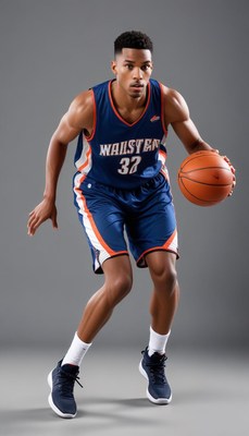 Basketball player in motion dribbling the ball indoors