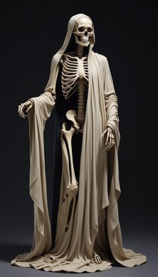 Skeleton figure dressed in a hooded cloak on display