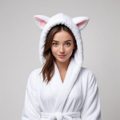 Woman in a cozy robe with cat ears smiles softly