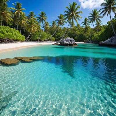 Tropical beach with clear water and palm trees