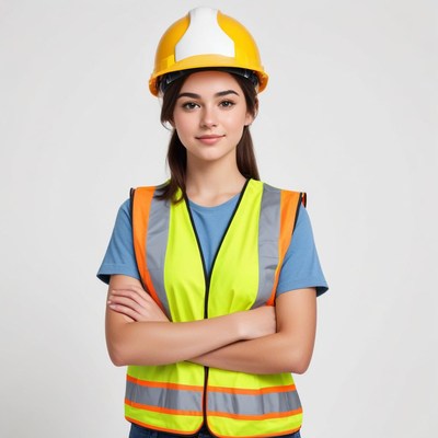 Young woman wearing safety gear poses confidently for work