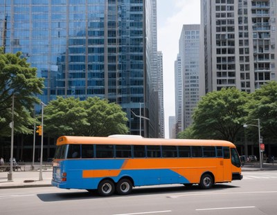 Bright orange and blue bus in a city street