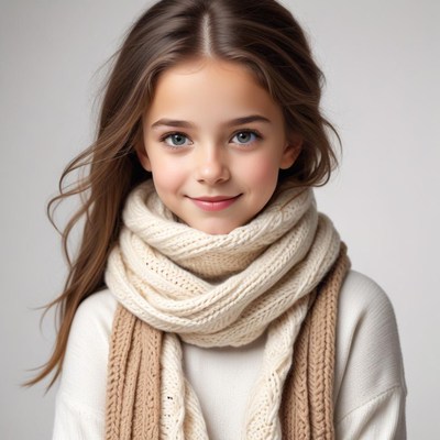 Young girl smiling warmly in cozy knit scarf indoors