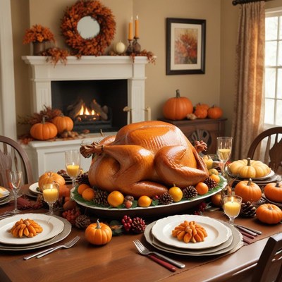 Large roasted turkey on a festive thanksgiving dining table