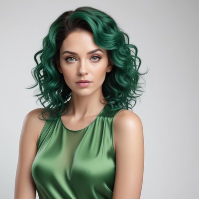 Woman with green curly hair in a stylish outfit