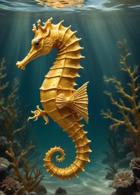 Majestic golden seahorse swimming in clear blue water