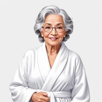 Elderly woman in white robe smiling warmly