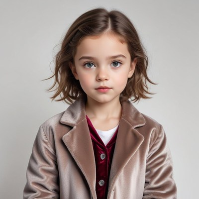 Girl in soft coat poses against neutral background