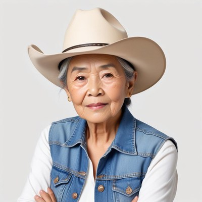 Elderly woman in cowboy hat and denim vest poses confidently