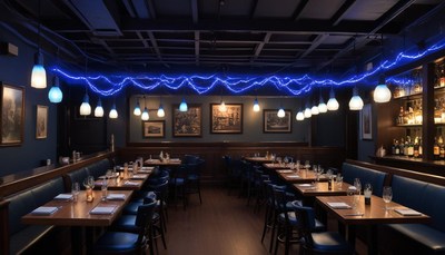Cozy dining area with blue lighting in a restaurant