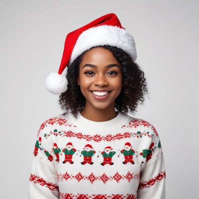 Smiling girl in christmas sweater with red hat