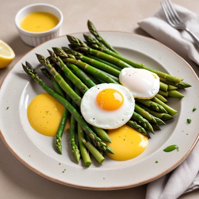 Delicious asparagus and poached eggs served with lemon sauce