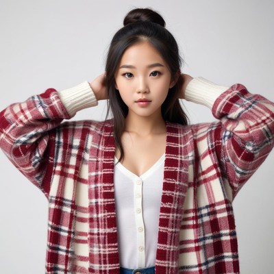 Young woman poses in cozy sweater with plaid pattern