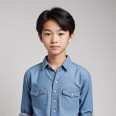 Boy in denim shirt against neutral backdrop