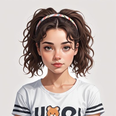 Young girl with curly hair and headband poses confidently