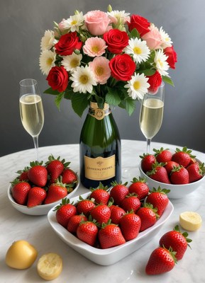 Celebration setup with strawberries, champagne, and flowers