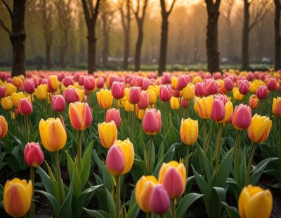Colorful tulip field in springtime sunlight
