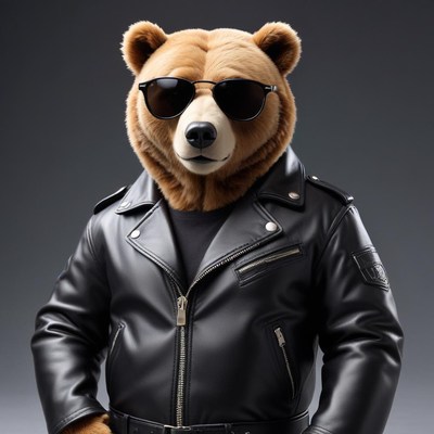 Cool bear in leather jacket and sunglasses poses confidently