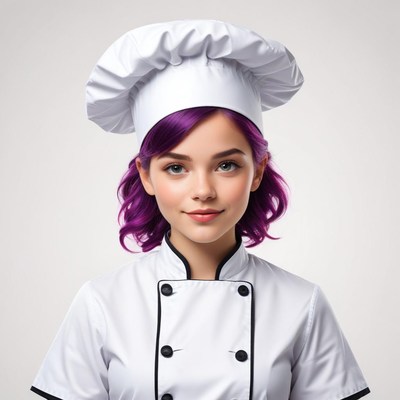 Young chef wearing a white uniform with purple hair