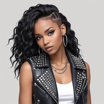 Stylish woman with wavy hair and leather jacket posing