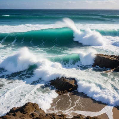 Waves crashing on rocky shore in sunny coastal setting