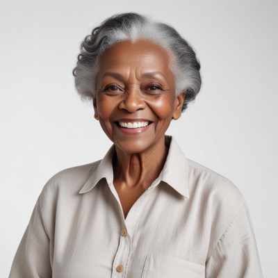 Smiling older woman with gray hair wearing a light shirt