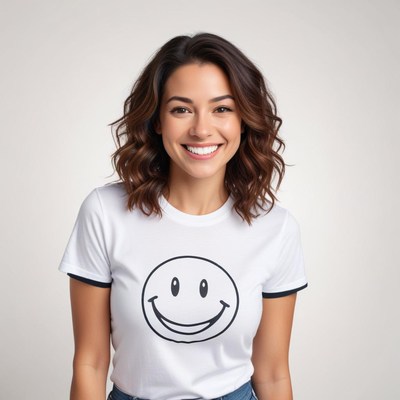 Smiling woman in casual attire with a happy shirt