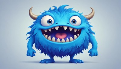 Friendly blue monster with big smile and sharp teeth