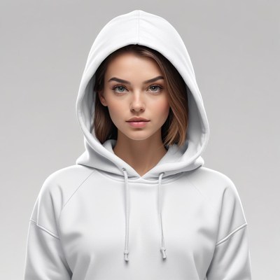 Woman in a white hoodie on a gray backdrop