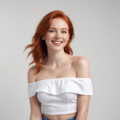 Smiling woman with red hair in casual white top