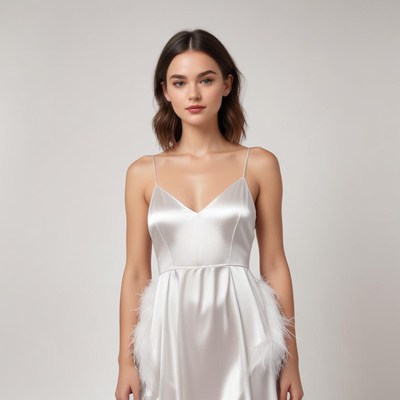 Elegant model in a stylish satin dress with feather details