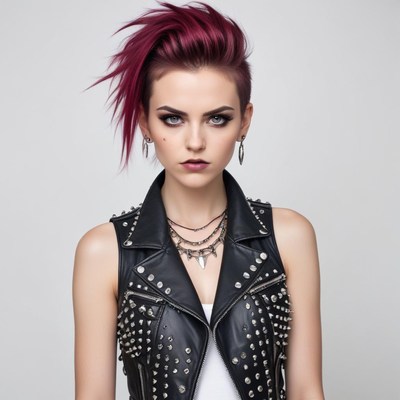 Edgy hairstyle and striking makeup with leather jacket look