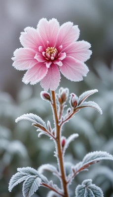 Frost-covered pink flower blooms in chilly morning air