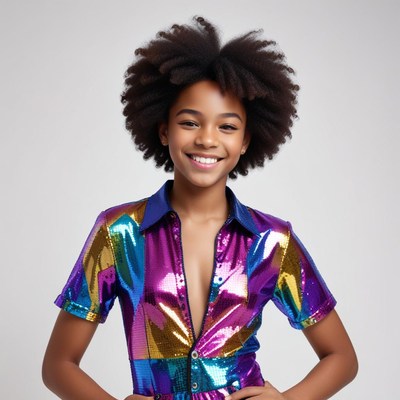 Girl in sequined outfit smiles at camera