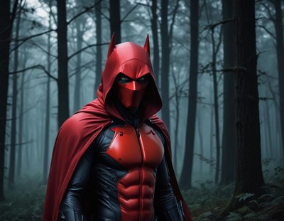 Mysterious figure in red costume stands in dark forest