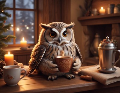 Owl enjoying a warm drink in a cozy setting