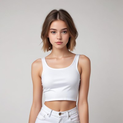 Young model in white outfit on neutral background