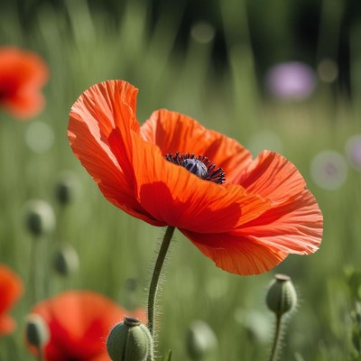 Vibrant red poppy flower in a sunny meadow