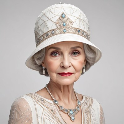 Elegant woman in vintage attire with hat and jewelry