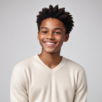 Smiling young boy wearing light sweater in studio setting