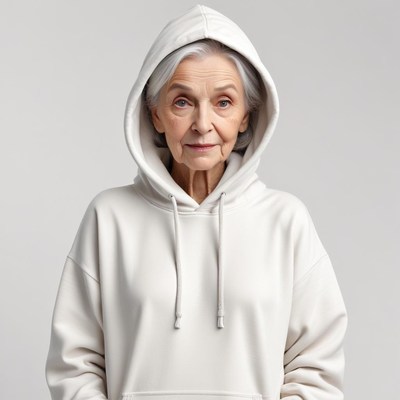Elderly woman wearing a hoodie with a calm expression