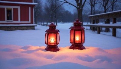 Warm lanterns glow in the snowy evening landscape