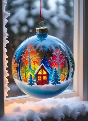 Colorful christmas ornament hanging in snowy window