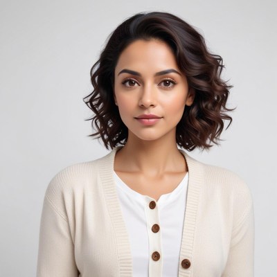Young woman with curly hair in a light sweater