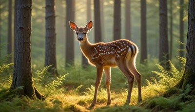 Young deer standing in a forest with soft light